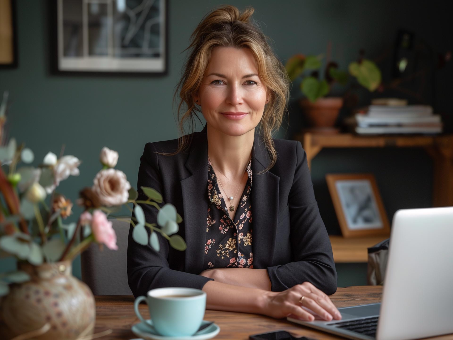 Professional woman sitting at desk smiling into camera