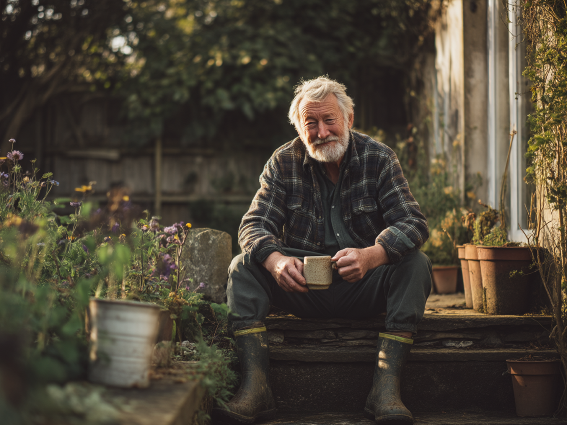 Prepaid Funeral Plans (UK’s Top-Rated Provider) 7 Elderly man sitting alone in garden smiling at camera with cup of hot drink