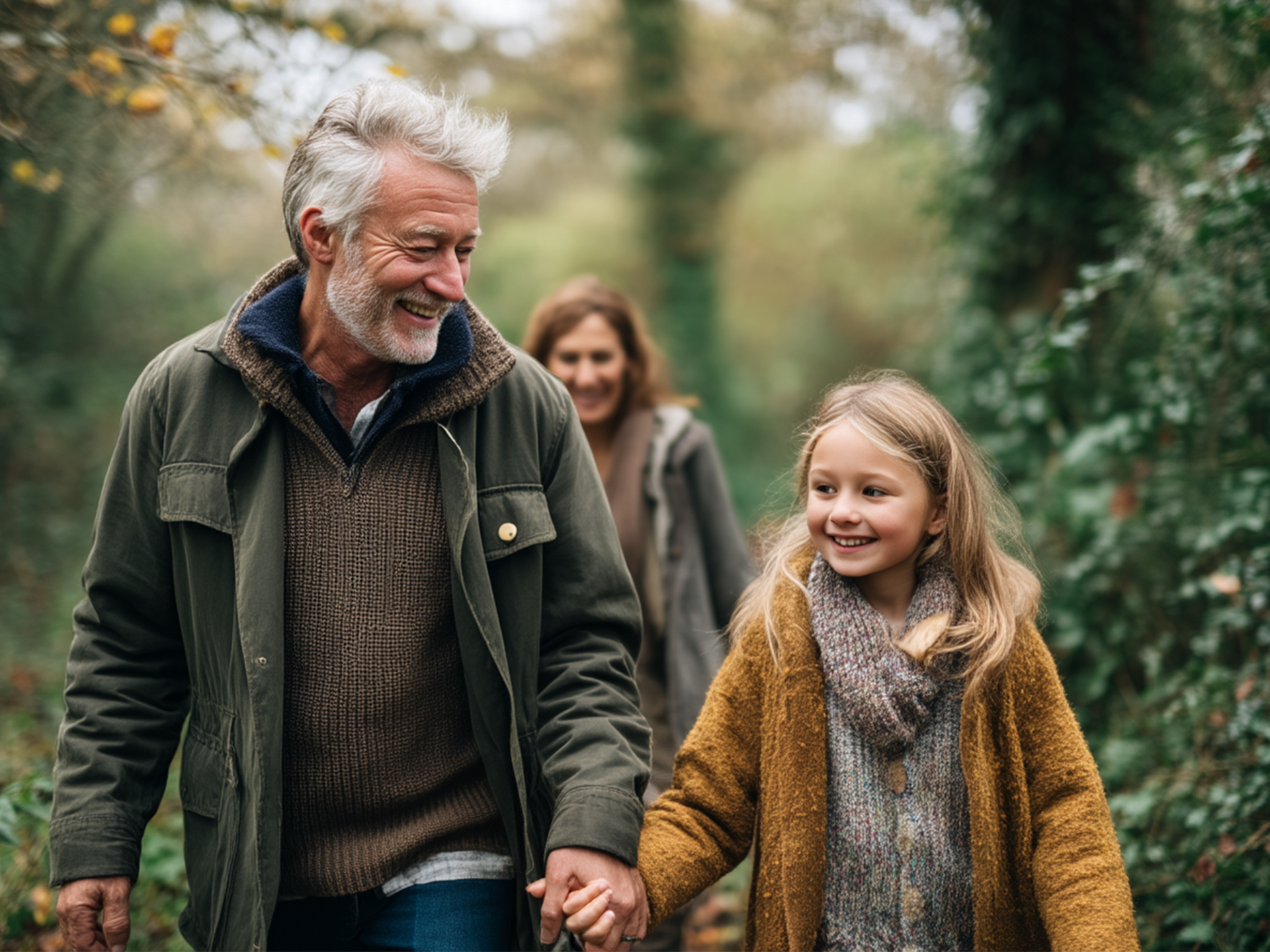 Family-Run Funeral Services in the UK 6 Grandfather daughter grandaughter walking in the woods smiling
