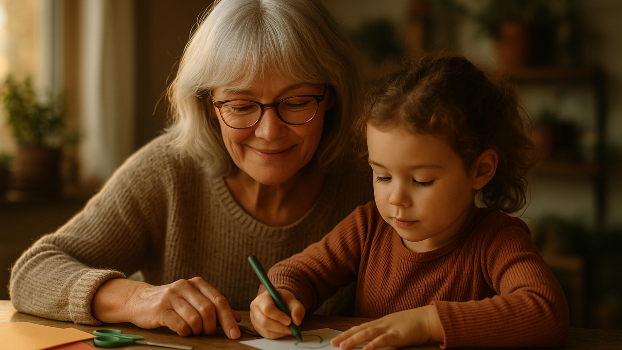 Older woman and child crafting AI
